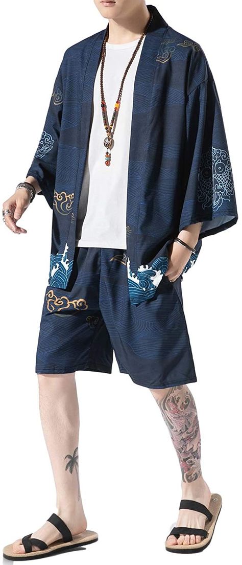 Kimono Tops, Kimono Shirt, Kimono Outfit, Male Kimono, Trendy Shirt Designs, Breathable Clothes, Casual Kimono, Short Cardigan, Shorts Outfit