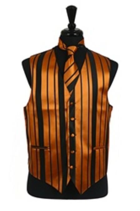 SKU#VS4014 Vest/Tie/Bowtie Sets (Black-Gold Combination) $49 ... Black Tux Gold Vest And Tie, Groomsmen Gold Vest, Elegant Sleeveless Gold Vest, Yellow Waistcoat Men, Gold Vest, Stripe Vest, Vest Outfits Men, Striped Vest, Vest Set