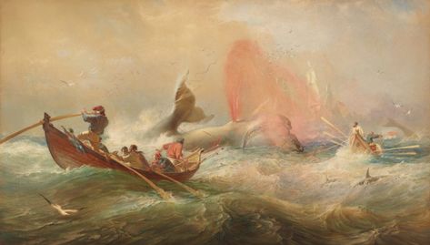 "Whalers off Twofold Bay, New South Wales" Sir Oswald Brierly (1867) Whale Hunting, Whaling Ship, Marine Painter, Maritime Painting, Australian Painting, Maritime Art, Marine Mammals, Sea Monsters, Killer Whales