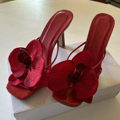 Tissimum Orchid Heels Red - Unworn size 24 Handmade... - Depop Diy Heels, Heels Slippers, Red Orchids, Flower Heels, Green Orchid, Dr Shoes, Heels Red, Slippers Summer, Flower Shoes