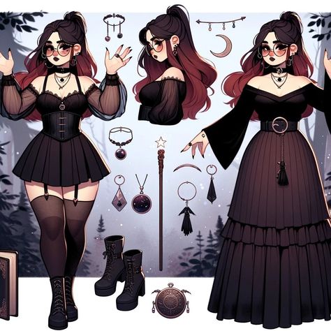 Pagan Outfits Witches, Romantic Goth Outfits Plus Size, Outfits For Round Body Shape, Outfit Ideas Drawing Female Casual, Cute Witch Outfits, Goth Witch Outfits, Whimsical Goth Outfits, Witch Vtuber, Witch Inspired Outfit