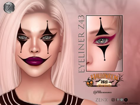 The Sims Resource - ZENX EYELINER Z43+HQ Sims 4 Clown Makeup Cc, Sims 4 Halloween Makeup, Sims 4 Clown Makeup, Sims 4 Clown Cc, Sims Eyeliner, Female Joker Makeup, Sims Halloween Costume, Jester Makeup, Hottest Anime