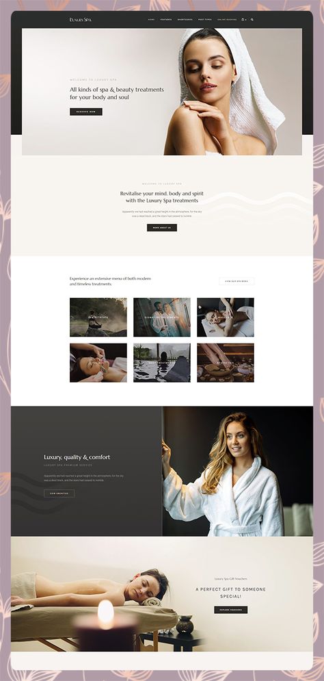 Luxury Spa is a #wordpress theme created for #massage salons, #wellness #spa centers, #beautyresorts, #cosmetology services and other #beauty centers. This theme provides wide options to showcase all the amazing beauty services your business has to offer.  #webdesign #theme #layout #beautywebsite #cosmetics #elegant Spa Newsletter, Spa Website Design Inspiration, Med Spa Website, Beauty Website Design, Esthetician Website, Spa Website Design, Skin Care Website, Luxury Spa Design, Beauty Web