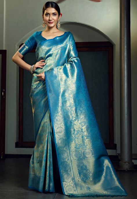 Sea Blue Saree, Solid Saree, Classic Saree, Saree Kanjivaram, Designer Sarees Wedding, Indian Designer Sarees, Designer Silk Sarees, Border Saree, Ready To Wear Saree