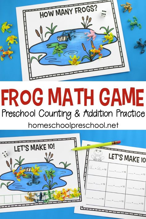 Preschoolers will enjoy playing this hands-on frog math game to help them practice counting and addition to ten. This fun math frog game is a fantastic addition to your spring homeschool lessons. Bee Worksheet, Math Games For Preschoolers, Pond Life Theme, Games For Preschoolers, Worksheet For Kindergarten, Preschool Math Games, Preschool Counting, Homeschool Lessons, Frog Theme