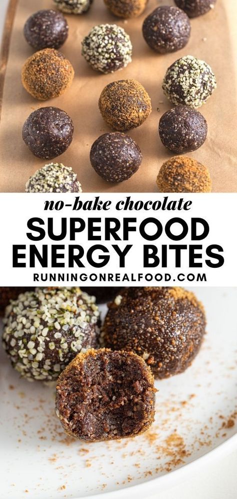 These no-bake chocolate superfood energy balls with hemp, chia, walnuts and flax are easy to make for healthy and delicious snack or dessert. Superfood Energy Balls, Chocolate Energy Balls, Vegan Energy Balls, Energy Balls Healthy, Healthy Homemade Snacks, Energy Ball Recipe, Healthy Food Guide, Lost 100 Pounds, Protein Bites