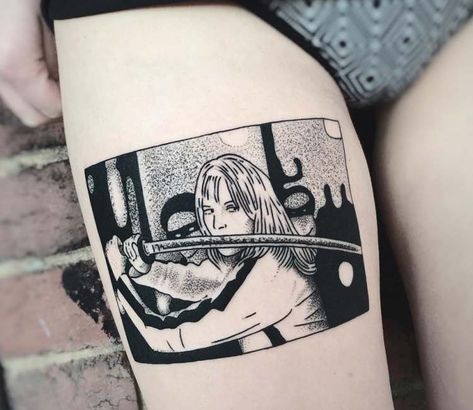 Very nice cartoon tattoo style of Beatrix Kiddo from the movies Kill Bill, done by tattoo artist Charley Gerardin | Post 24819 | World Tattoo Gallery - Best place to Tattoo Arts Redwood Tattoo, Minimalist Tattoo Meaning, Movie Tattoos, Tattoo Trend, Cartoon Tattoos, Subtle Tattoos, Kill Bill, White Tattoo, Tattoos Gallery