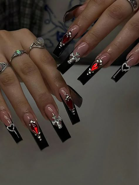 black, red rhinestones, hearts, long Punk Nails, Dark Queen, Grunge Nails, Goth Nails, Girly Acrylic Nails, Long Square Acrylic Nails, Easy Nails, Nail Swag, Unique Acrylic Nails