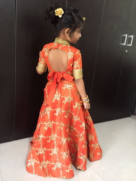 Traditional Frocks For Kids, Girls Traditional Dresses Indian Kids, Kathak Outfits, Banaras Frocks, Kids Traditional Wear Indian, Umiya Mataji, Langa Blouse, Kids Indian Wear, Kids Pageant Dresses