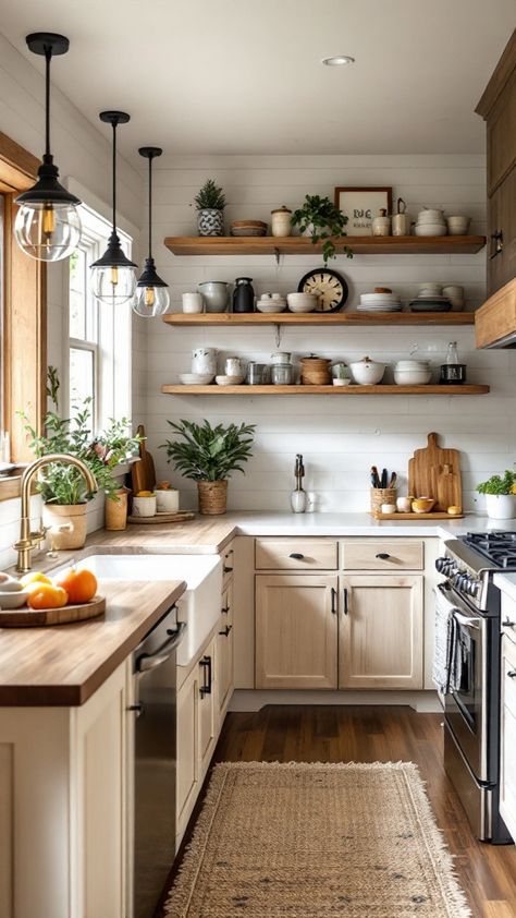 Upgrade your kitchen with modern farmhouse elements 🍂🍽️ featuring neutral tones, butcher block countertops, and black hardware for a chic, timeless vibe Modern Farmhouse Kitchen Hardware, Kitchen Hardware Black, Farmhouse Modern Kitchen, Farmhouse Kitchen Hardware, Modern Farmhouse Kitchen Design, Farmhouse Kitchen Design Ideas, Block Countertops, Butcher Block Kitchen, Modern Farmhouse Kitchen