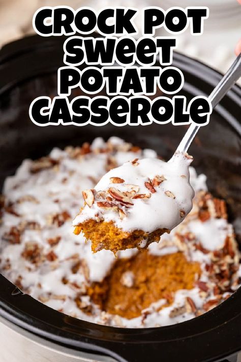 Spoon holding up a scoop of sweet potato casserole. Crockpot Sweet Potatoes Thanksgiving, Potato Side Dishes Crockpot, Sweet Potato Caserole, Crock Pot Sweet Potato Casserole, Crockpot Sweet Potato Casserole, Cinnamon Marshmallows, Slow Cooker Sweet Potato Casserole, Thanksgiving Sweet Potato Recipes, Caserole Recipes