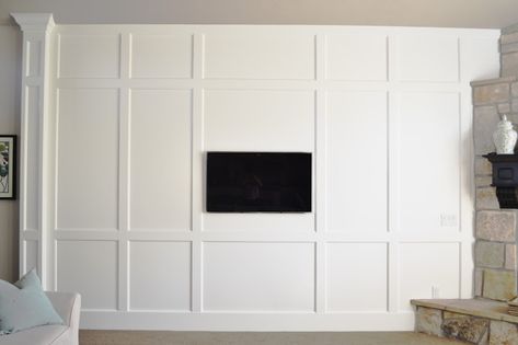 board and batten interior walls | My New Home: Family Room Board and Batten Wall Reveal Farmhouse Trim Moldings, Farmhouse Trim, Kitchen Wall Panels, Board And Batten Exterior, Batten Wall, Board And Batten Wall, My New Home, White Headboard, Board And Batten