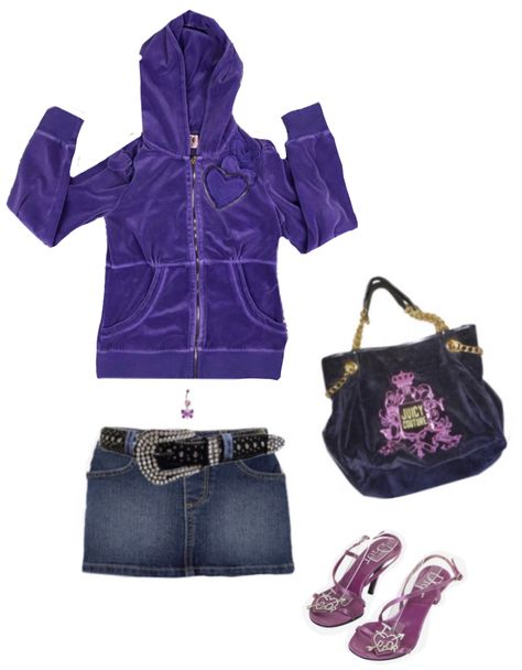 Purple 2000s Outfit, Juicy Couture Outfit Ideas, 2000s Outfits Aesthetic, 2000s Outfits Ideas, 2000s Fits, Juicy Couture Clothes, Mcbling Fashion, Trashy Outfits, Ebook Promotion