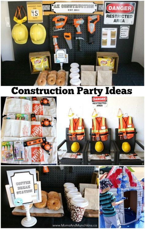 Construction Birthday Party Ideas - a fun party setup made to look like a worker coffee break room. Creative ideas for DIY decorations, favors, activities and more. Room Creative Ideas, Construction Party Ideas, Construction Party Food, Construction Birthday Party Ideas, Tools Birthday Party, Construction Theme Birthday Party, Construction Theme Party, Lalaloopsy Party, Construction Birthday Party