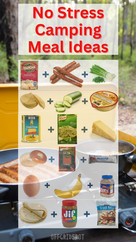 Easy to pack, easy to cook and easy to clean. These 15 almost instant no stress camping meal ideas will make your camping trip easy, fun and delicious. Off Grid Camping Meals, No Refrigerator Camping Meals, Non Perishable Camping Food, Bbq Camping Meals, Camping Food No Refrigeration, Car Camping Meals, Cheap Camping Meals, No Cook Camping Meals, Premade Camping Meals