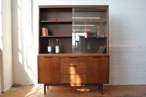 MCM Walnut China Cabinet by Stanley Walnut China Cabinet, China Hutch, Stanley Furniture, Trim Detail, Hutch, Drawer Pulls, Repurpose, China Cabinet, Interior Spaces