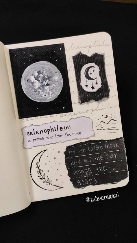 Sketches In Journals, Selenophile Journal Ideas, Aesthetic Art Journal Ideas Sketch, The Moon Aesthetic Drawing, Selenophile Drawing, Moon Aesthetic Journal, Aesthetic Diary Journal, Selenophile Journal, Art Journal Spreads Aesthetic