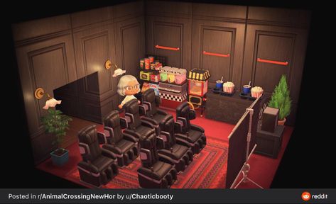 Movie Room Acnh, Movie Theatre Animal Crossing, Acnh House Ideas Basement, Acnh Arcade Room, Acnh Movie Theatre Codes, Animal Crossing Theater, Acnh Friends Tv Show, Movie Theater Acnh, Acnh Theater