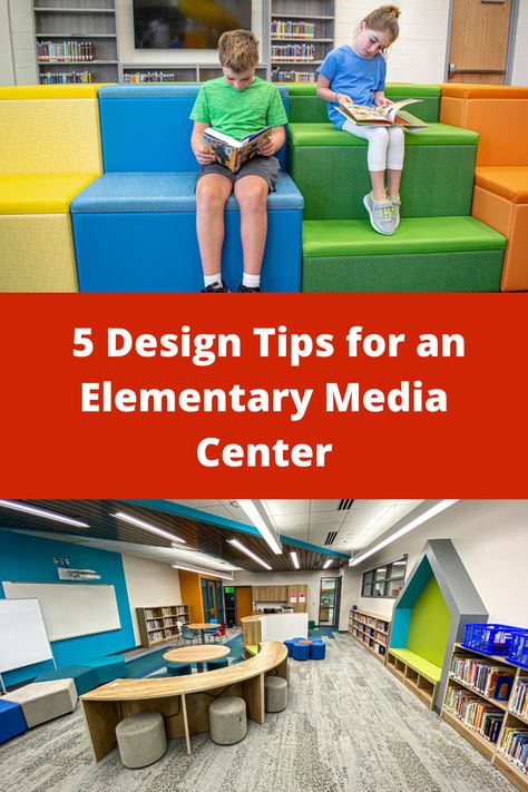 Away with dark and boring brown school libraries! Make your library a place kids love to visit and learn skills to prepare them for the future at the same time! Here are five design tips for an elementary media center. #MiEN #k12education #highereducation #design #furniture #21stcenturylearning #learning #schooldesign #collaboration #students #teachers #softseating #schoolfurniture Elementary Library Layout, Dynamic Shelving, Elementary Library Furniture, Primary School Library Design, Junior School Library Design, Makerspace Elementary Library, Library Furniture School, Elementry School, School Floor