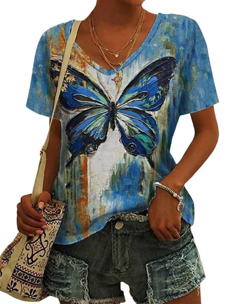 PRICES MAY VARY. ✿ Details Design: The women's casual cute summer tshirt features a butterfly graphic on the front and back, and with oil painting style, short sleeve, v-neck tee, basic style. ✿ Soft Material: This cute butterfly print sweatshirt is made of comfortable fabric, lightweight and breathable. Provide you with a comfortable touch, skin friendly, so that you can enjoy spring and summer. ✿ Occasions: The butterfly shirt top is a must-list for your wardrobe! You can pair this cute butter Butterfly Oil Painting, Painted Shorts, Watercolor Butterfly, Butterfly Shirt, Summer Tshirt, Butterfly Shirts, Butterfly Graphic, Cute Graphic Tees, Print Sweatshirt