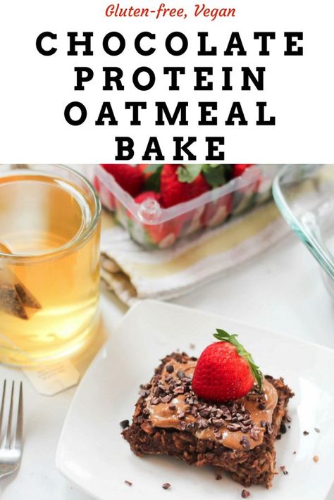 chocolate protein oatmeal bake Chocolate Protein Baked Oatmeal, Protein Oatmeal Bake, Chocolate Protein Oatmeal, Oatmeal Bake, Baking Recipes Healthy, Healthy Breakfast Recipe, Protein Baking, Protein Oatmeal, Perfect Healthy Breakfast