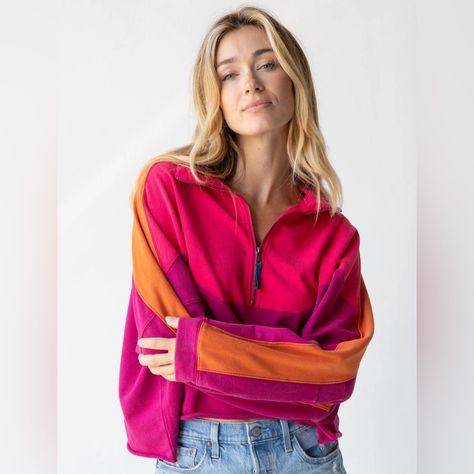 This Vibrant Jess Color Block Sweatshirt In Striking Hot Pink Is Designed For Those Who Love To Stand Out. Crafted For Comfort, Its Cozy Fabric Makes It Perfect For Lounging Or Layering. The Playful Color-Block Design Adds A Fun Twist, Elevating Casual Outfits Effortlessly. Ideal For A Day Out Or A Cozy Night In, This Sweatshirt Combines Style And Functionality, Making It A Must-Have Addition To Any Wardrobe. Pullover Half-Zip Style. Oversized Fit. Natural Life Size Xl. New With Tags Colorful Athleisure Outfits, 2023 Wishlist, Pullover Half Zip, Effortless Outfit, Color Block Sweatshirt, Fun Pants, Comfy Clothes, Comfy Dresses, Athleisure Outfits