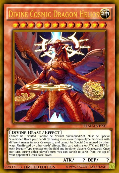 Divine Cosmic Dragon Helios by AlanMac95 on DeviantArt Winged Dragon Of Ra, Yugioh Dragon Cards, Obelisk The Tormentor, Custom Yugioh Cards, Yugioh Dragons, Winged Dragon, Yugioh Monsters, Monster Cards, Yugioh Cards