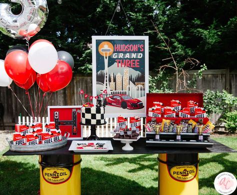 Race on Over to this Modern 'Grand Three' Race Car Birthday! | CatchMyParty.com Auto Party, Bday Themes, Race Car Themes, Car Birthday Theme, Race Car Birthday Party, Cars Theme Birthday Party, Party Organization, Race Car Party, Race Car Birthday