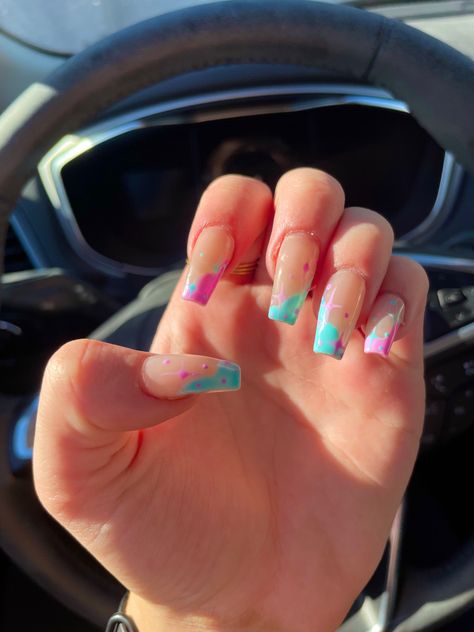 Turquoise Nails Acrylic French Tips, Teal French Tip Nail Designs, Teal French Tip Nails Square, Teal And Pink Nails Acrylic, Pink And Teal French Tip Nails, Pink And Teal Nails, Turquoise And Pink Nails, Teal And Pink Nails, Pink And Teal Nails Design