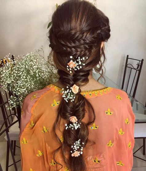 Indian bridal hairstyles inspiration | Bubble fishtail braid adorned with flowers | Mehendi hairstyles | Mehendi look inspiration for Indian brides | Hairstyle ideas | Fresh flower hairstyles | Credits: Ritika Hairstylist | Every Indian bride’s Fav. Wedding E-magazine to read. Here for any marriage advice you need | www.wittyvows.com shares things no one tells brides, covers real weddings, ideas, inspirations, design trends and the right vendors, candid photographers etc. Engagement Hairstyles, Bridal Braids, Bridal Hairdo, Indian Wedding Hairstyles, Indian Bride Hairstyle, Indian Bridal Hairstyles, Different Hairstyles, Fish Tail Braid, Indian Hairstyles