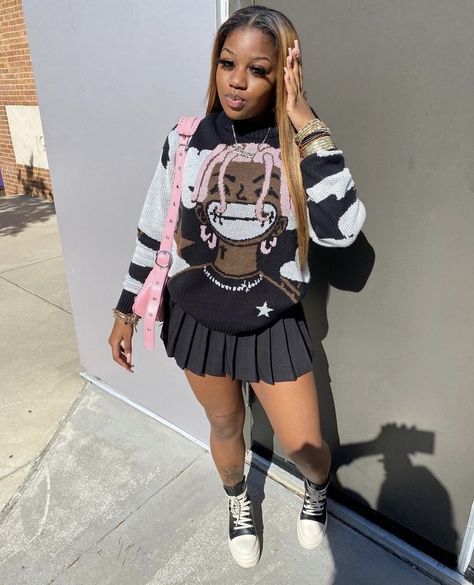 Birthday Outfits Sneakers, Clout Collection Sweater, Trim Outfits, Sweater Skirt Outfit Black Women, Birthday Outfit For School Winter, Outfits With Pink Rick Owens, Sweater And Skirt Outfit Black Women, Skater Skirt Outfit Black Women, 20th Birthday Outfit Ideas Casual