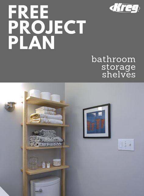 Add elegant storage to any bath with this simple, compact, but functional over-the-toilet ladder shelf. It’s a great place to store bathroom necessities in a room that’s always storage-challenged. Plus, it’s a perfect place to show off those beautiful guest towels nobody is ever allowed to use. Shelves Behind Toilet, Bookcase Closet, Bathroom Shelves For Towels, Wooden Ladder Shelf, Diy Wood Shelves, Diy Hanging Planter, Toilet Shelves, Over The Toilet, Diy Towels