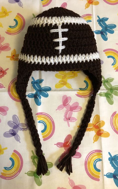 Crochet Football Beanie, Crochet Football Helmet, Earflap Hat Pattern, Crochet Football Hat, Crochet Hat Sizing, Toddler Football, Crochet Football, Baby Football, Crochet Baby Gifts