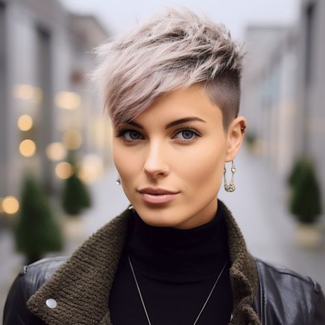 Spunky Pixie Hairstyles, Cropped Womens Hair, Short Pixie Undercut Hair, Short Hair Asymmetrical Pixie, Short Pixie Haircuts Shaved Sides, Super Short Pixie Shaved Sides Fine Hair, Edgy Pixie Haircuts Fine Hair, Short Hairstyles With Side Part, Short Pixie Undercut Hairstyles Edgy