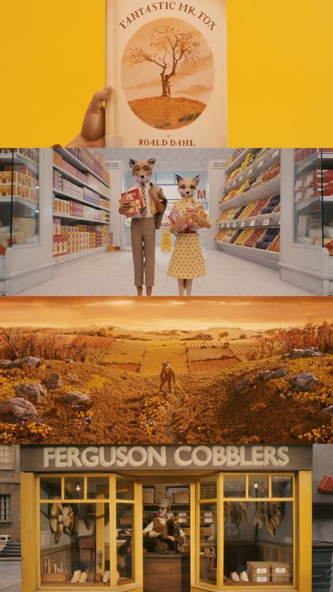 Wes Anderson Yellow Aesthetic, Wes Anderson Powerpoint, Wes Anderson Aesthetic Colour Palettes, Fantastic Mr Fox Color Palette, Wes Anderson Scenes, Wes Anderson Yellow, Wes Anderson Shots, Wes Anderson Style Photography, Wes Anderson Stills