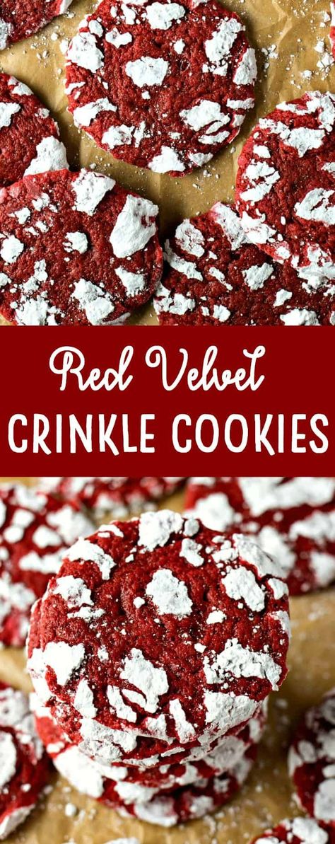 Red velvet cookie dough is rolled in powdered sugar before they�re baked into chewy cookies, forming white crinkles on top. Red Velvet Cookie Dough, Red Velvet Crinkles, Red Velvet Crinkle Cookies, Powdered Food Coloring, Super Cookies, Cookie Recipes From Scratch, Crinkle Cookies Recipe, Oh Sweet Basil, Velvet Cookies