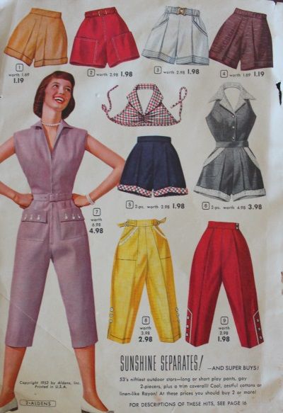 1954 Women's casual, sporty clothes : coverall playsuit, shorts, halter tops and capri pants in summer colors 40s Mode, Sporty Clothes, 1950 Fashion, Fashion 1950s, Womens Fashion Casual Spring, Womens Fashion Casual Summer, Retro Mode, Halter Tops, Casual Sporty