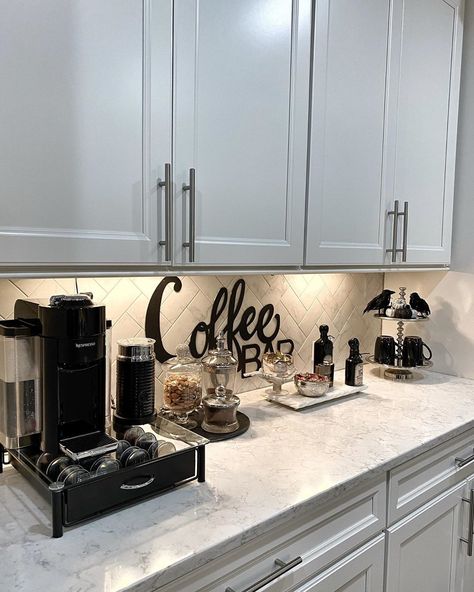 Slay on Instagram: “💀Have a great evening 💀🥰 #kitchendesign #kitchendecor #kitchensofinstagram #kitchendecoration #kitchendetails #homedecor #homedecoration…” Coffee Bar Ideas On Kitchen Counter, Coffee Area In Kitchen, Coffee Counter Ideas, Apartment Coffee Bar, Themed Kitchen Ideas, Coffee Bar Ideas Kitchen, Cofee Bar, Dining Room Glam, Coffee Bar Ideas Kitchen Counter