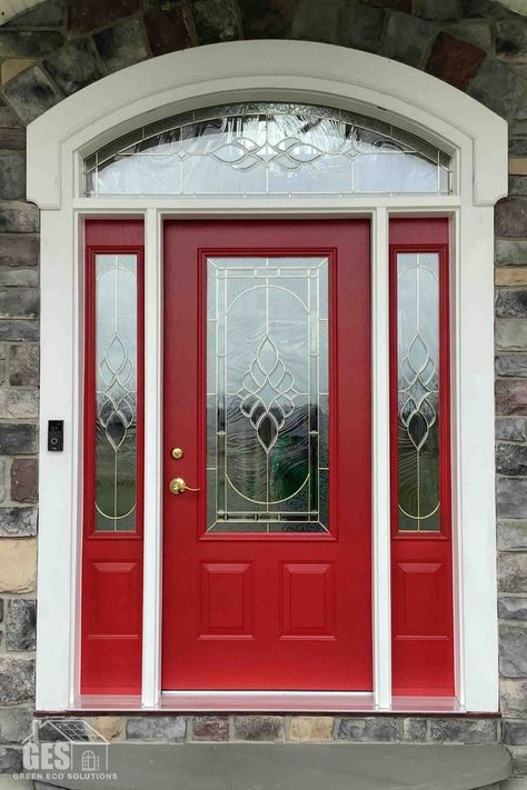 Entry Exterior Doors, Door With Glass Window, Replace Exterior Door, Front Entrance Ideas, Entry Exterior, Exterior Entry Doors, Red Front Door, Door Replacement, Entrance Ideas