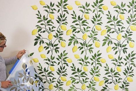 Lemon-wallpaper-stencil-farmhouse-stencils-fruit (11) - Stencil Stories Lemon Wallpaper Kitchen, Fruit Stencils, Lemon Stencil, Brick Wall Stencil, Lemon Wallpaper, Wall Stencil Designs, Bath Bedroom, Faux Brick Panels, Side Table Makeover