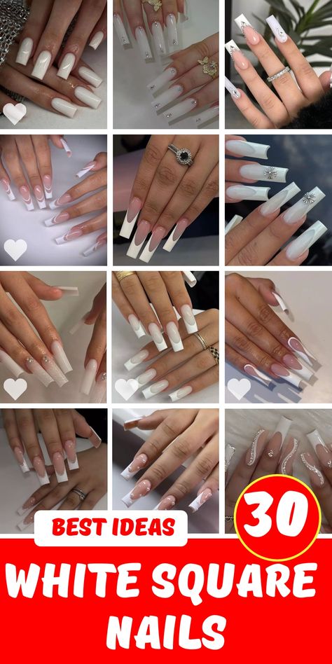 Discover the beauty and simplicity of white square nails with our curated selection of 30 most elegant designs. From short and chic to long and glamorous, these nails are perfect for any occasion. Whether you`re looking for a soft, milky finish or want to add some bling with rhinestones and glitter, our collection has something for everyone. Ideal for natural nails, acrylics, and nail extensions, these white square nails will make a statement at weddings, proms, and other special events. White Long Square Nails, White Square Nails, White Chrome Nails, Long Square Nails, Tapered Square Nails, Square Nail, Square Nail Designs, Tapered Square, Classic French Manicure