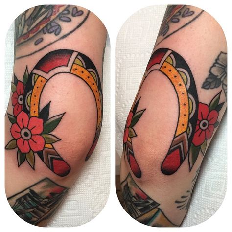 Horseshoe Elbow Tattoo, Horse Shoe Tattoos, Horseshoe Tattoo, Horse Shoe Tattoo, Elbow Tattoo, Elbow Tattoos, Lucky Horseshoe, Traditional Tattoos, American Traditional Tattoo