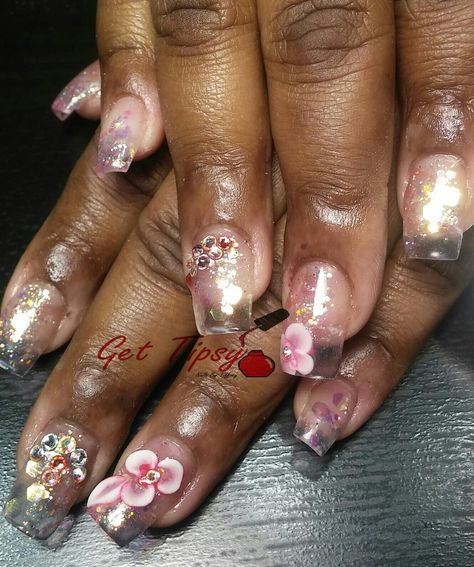 Clear nails with pink glitter and encapsulated and 3D flowers Clear Nails With Flowers, Clear Nails With Glitter, Nails With Pink Glitter, Clear Glitter Nails, Nails With Pink, Nails With Flowers, Nails With Glitter, Hard Gel Nails, Hard Gel