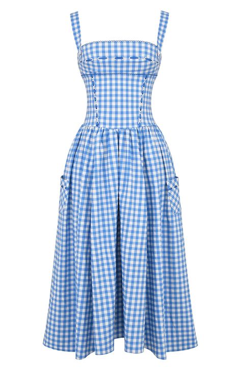 Eyelet and ribbon lacing adds an edgy touch to a vintage-inspired sundress boasting a bustier-style bodice and flared midi skirt. Exclusive retailer Square neck Side patch pockets Lined 77% viscose, 21% polyester, 2% elastane Dry clean Imported 2020s Fashion, Blue Gingham Dress, Midi Flare Skirt, Midi Sundress, Gingham Fabric, House Of Cb, Blue Gingham, Gingham Dress, Blue Midi Dress