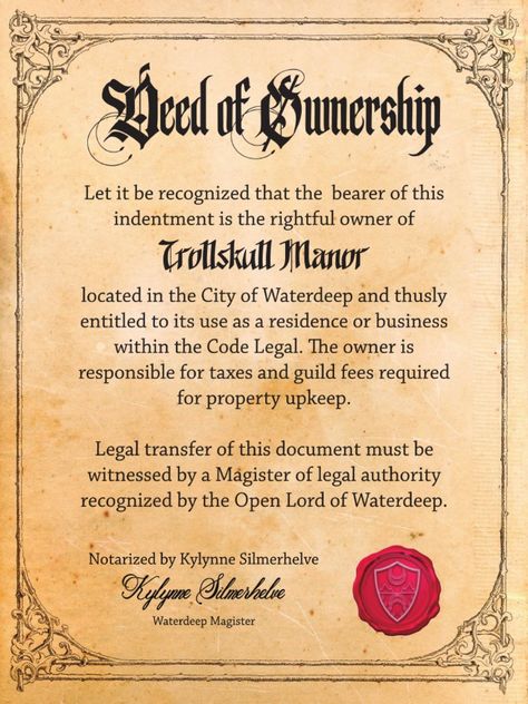 Trollskull Manor Deed of Ownership | PDF Dnd Template, Waterdeep Dragon Heist, Dnd Crafts, Dnd Stories, Dungeons And Dragons 5e, Dungeon Master's Guide, Dnd Dragons, Dragon Rpg, Dungeons And Dragons Game