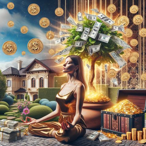 Experience the power of manifestation with our vibrant image of overflowing wealth. It features a meditator, with an aura speckled with treasures, showing money manifesting from thought. Learn more about wealth manifestations below! #WealthManifestation #LawOfAttraction #Meditation #FinancialFreedom #PositiveThinking #Visualisation Money Overflow, Dollars Money Wallpaper, Power Of Money, Zodiac Leo Art, Abundance Images, Meditation Guide, Money Prayer, Money Manifest, Power Of Manifestation