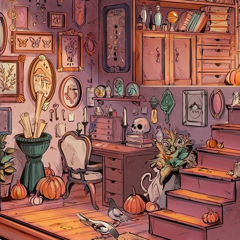 Gretel Lusky (@gretlusky) • Fotos y videos de Instagram Gretlusky Art, Witch House Interior, Witch Bedrooms, Witch Room, Characters Inspiration, Bedroom Drawing, Procreate Illustration, Characters Inspiration Drawing, Autumn Illustration