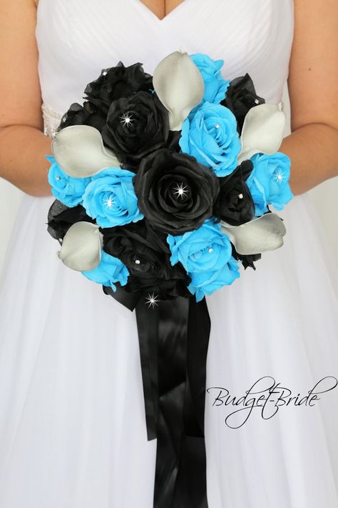 Turquoise Roses, Black Wedding Flowers, Davids Bridal Gowns, Nightmare Before Christmas Wedding, Round Bouquet, Brides Bouquet, Silver Theme, Blue Wedding Flowers, Artificial Flowers Wedding