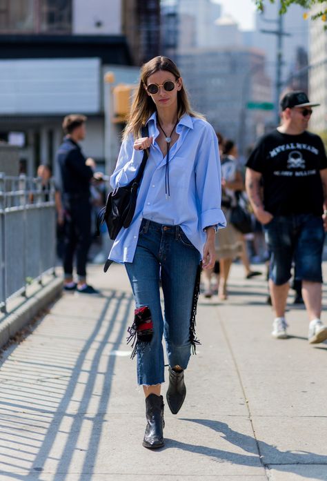 A Bolo Tie, Black Booties, and Creative Tucking Tricks Will Work Wonders How To Make Jeans, Western Trend, New York Fashion Week Street Style, Popsugar Fashion, Spring Fashion Outfits, Bolo Tie, Spring Street Style, Fashion Mode, Street Chic