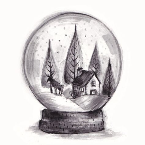 Kass Reich Illustration Globe Drawing, Christmas Drawing Ideas, Reindeer Drawing, Xmas Drawing, Christmas Sketch, Winter Drawings, Christmas Snow Globes, Card Drawing, Christmas Drawing